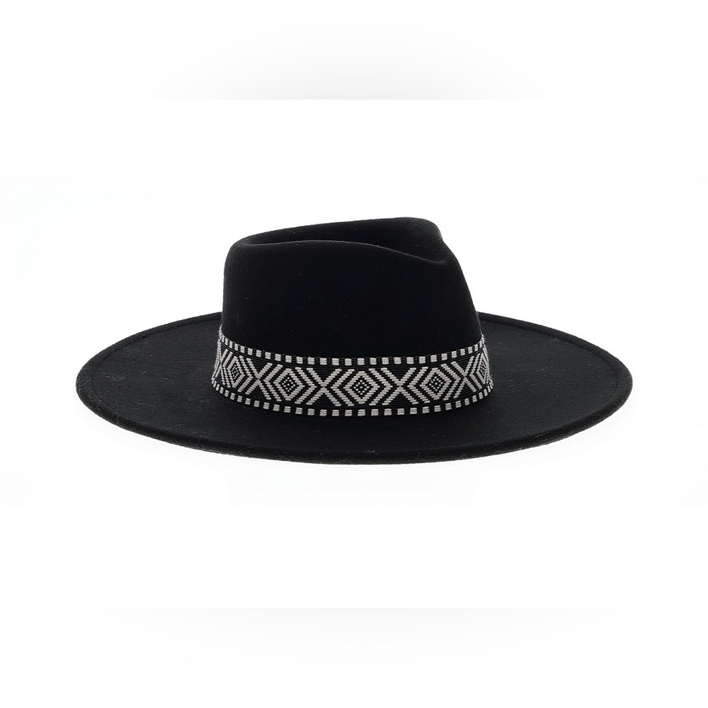 NWT! Black Women's Wide Brim Fedora Hat with Geometric Band